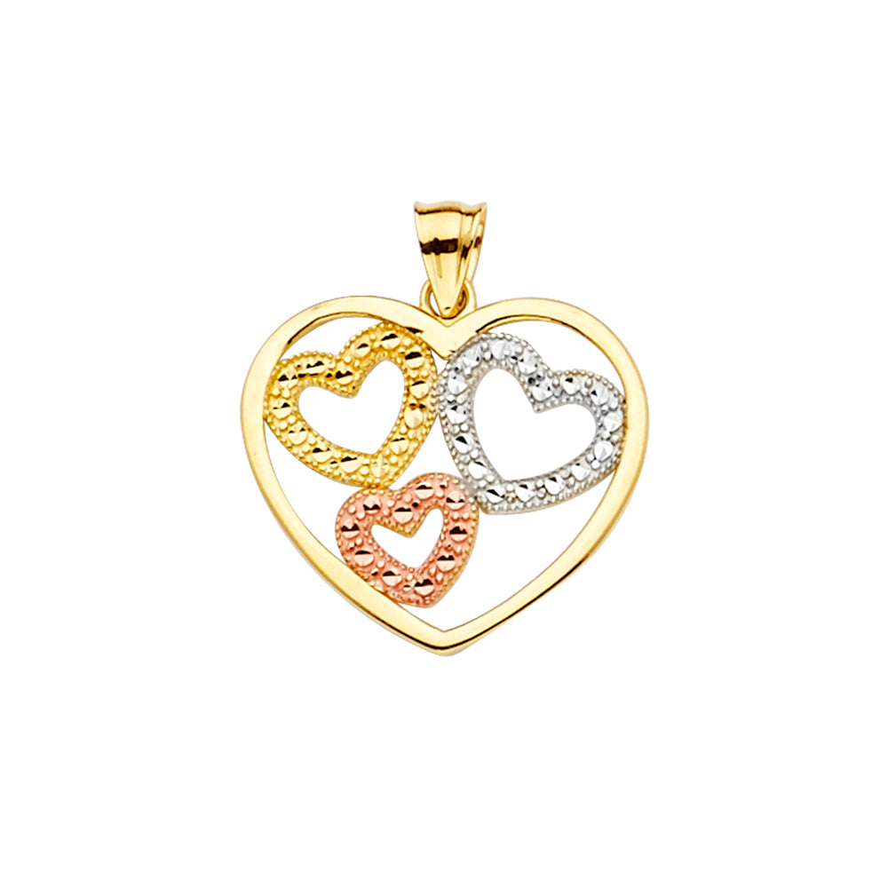 14 Karat Diamond Cut Heart w/three hearts Charm 21X19mm  Color: Tri-to