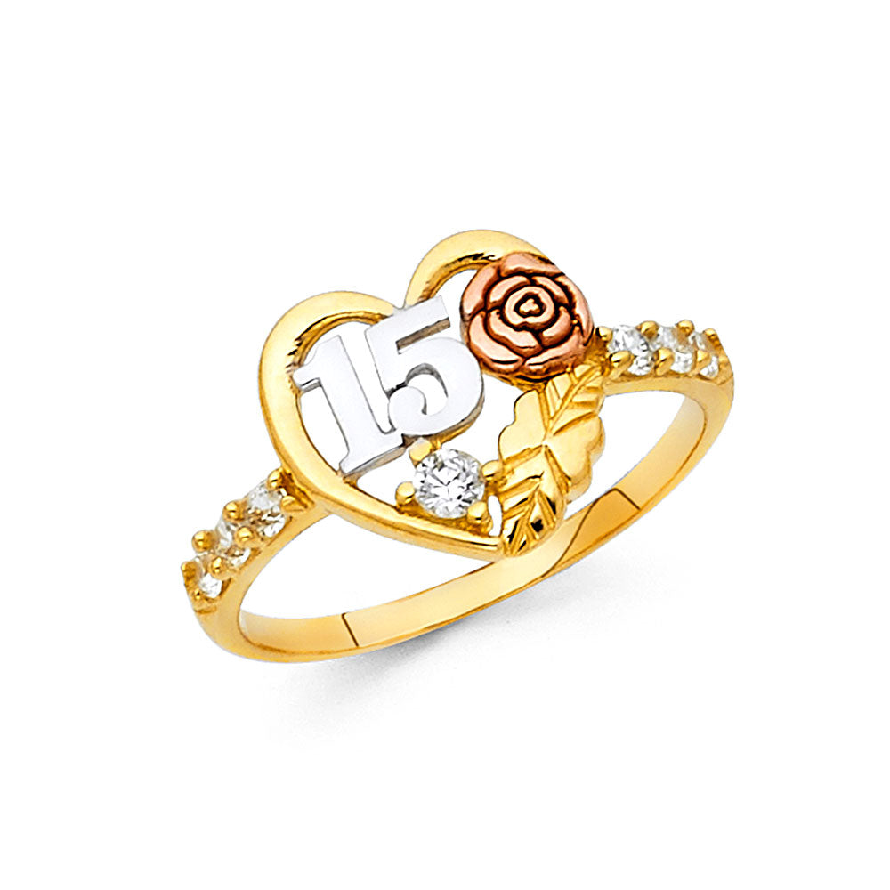 Lady's 14 Karat Heart w/flower cz 15 Ring Size 7 Color: Tri-tone