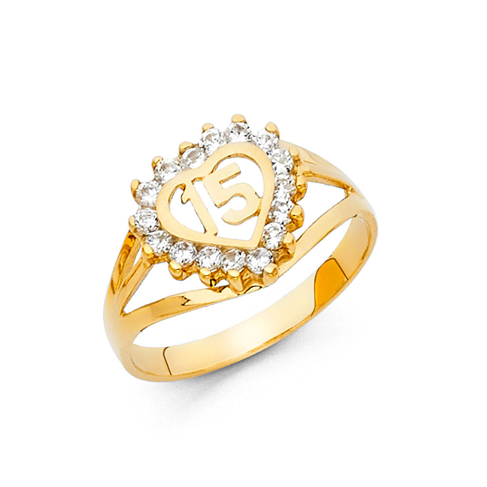 Lady's 14 Karat Fashion Heart 15 CZ Ring Size 7 Color: Yellow
Finish: