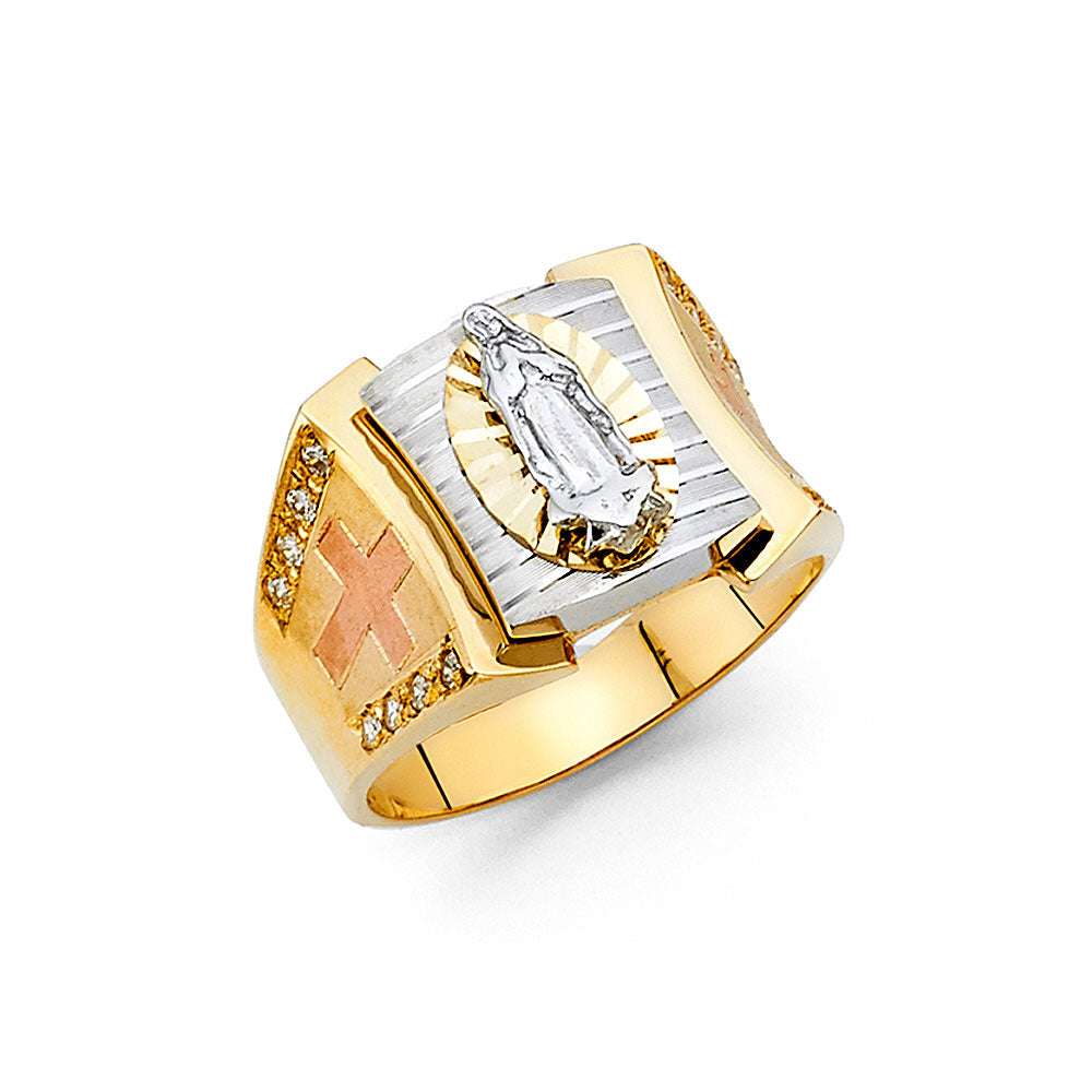 Gent's Three-Tone Virgen of Guadalupe cz 14 Karat Ring Size 10
