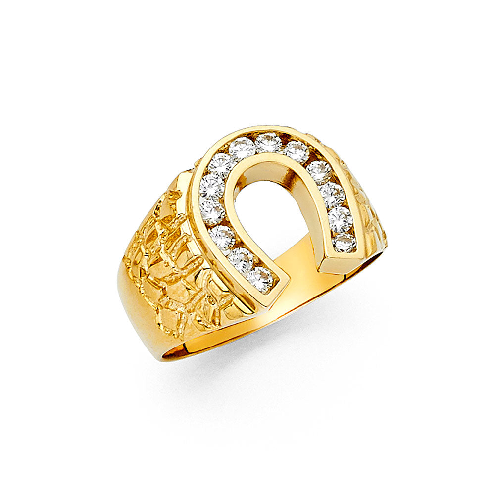 Gent's Yellow 14 Karat lucky horsoshoe cz nugget  Fashion Ring Size 10