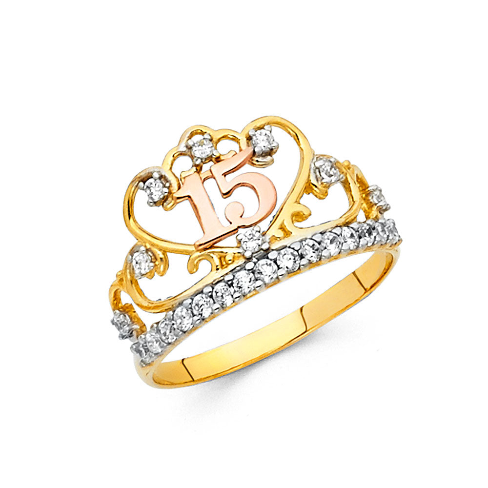 Lady's 14 Karat 15 YRS cz crown Fashion Ring Size 7 Color: Tri-tone
F
