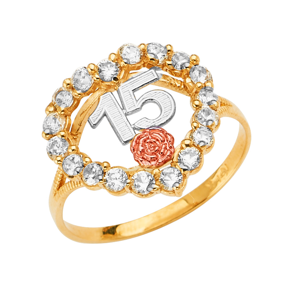 Lady's Three-Tone 14 Karat 15 with flower Ring Style: Heart
Gender: L