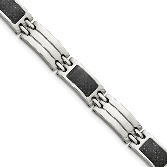 Two-Tone Stainless steel brushed & Polished Black carbon fiber Bracelet Length: 8.5"