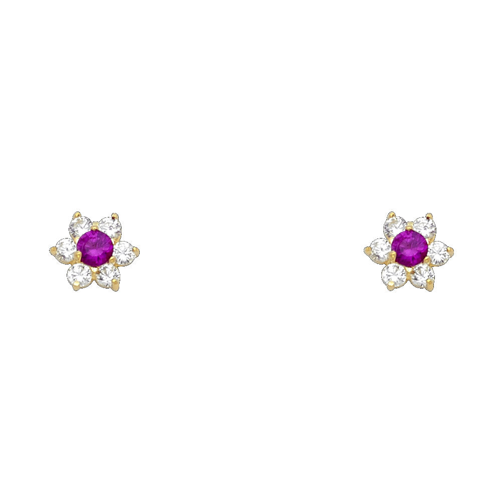 Lady's Yellow 14 Karat Flower w/cz red screw Stud Earrings-July