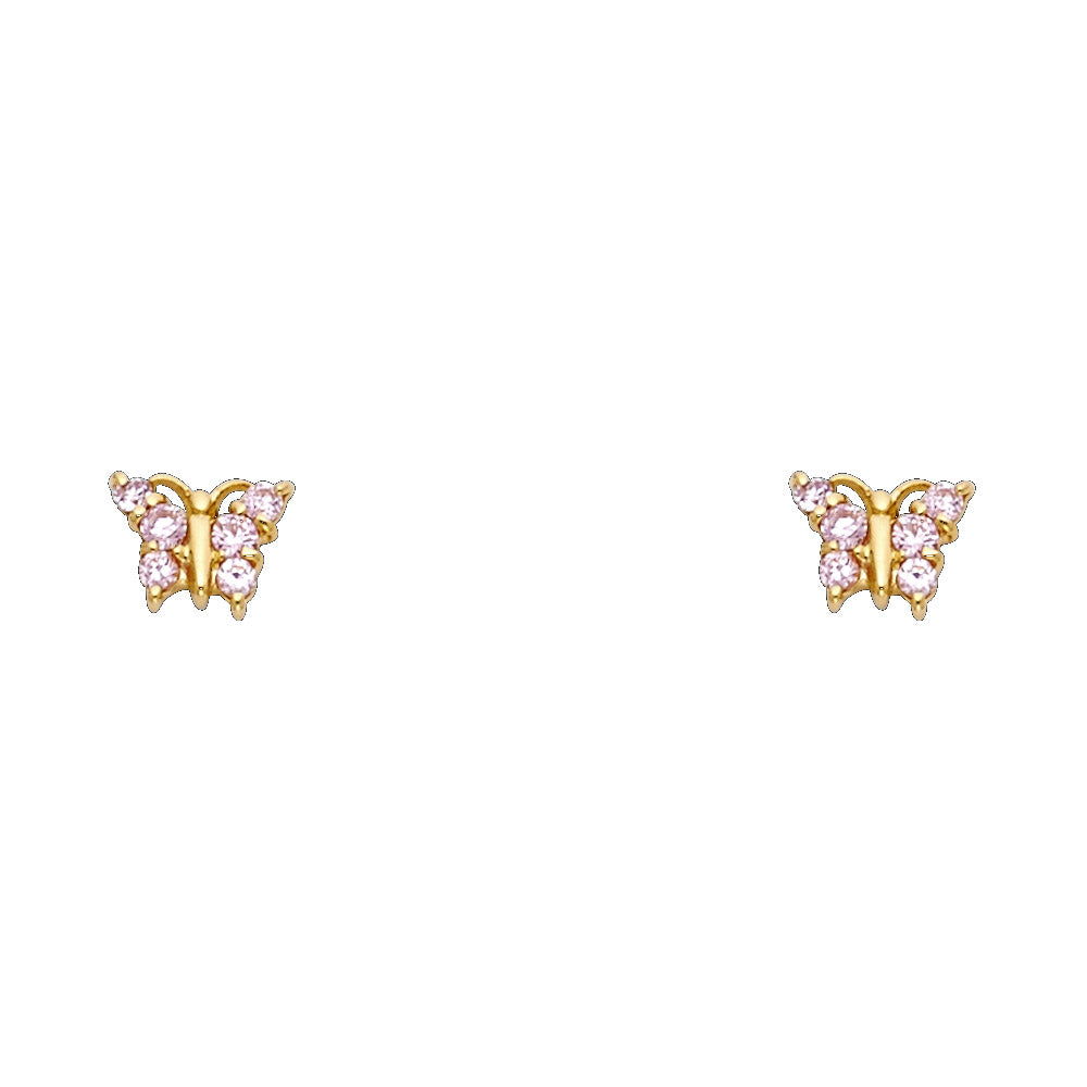 Lady's Yellow 14 Karat Butterfly cz Pink Stud Earrings