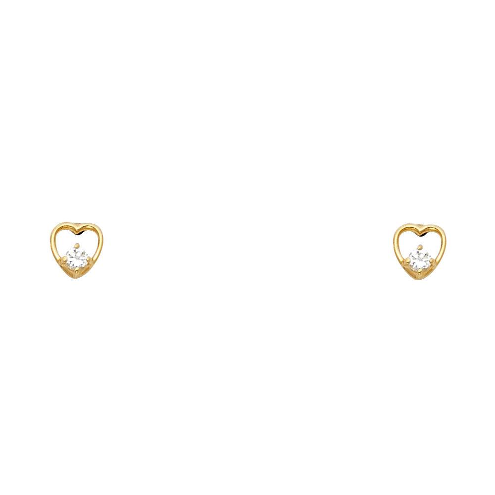 Lady's Yellow 14 Karat Heart Cz Stud Earrings