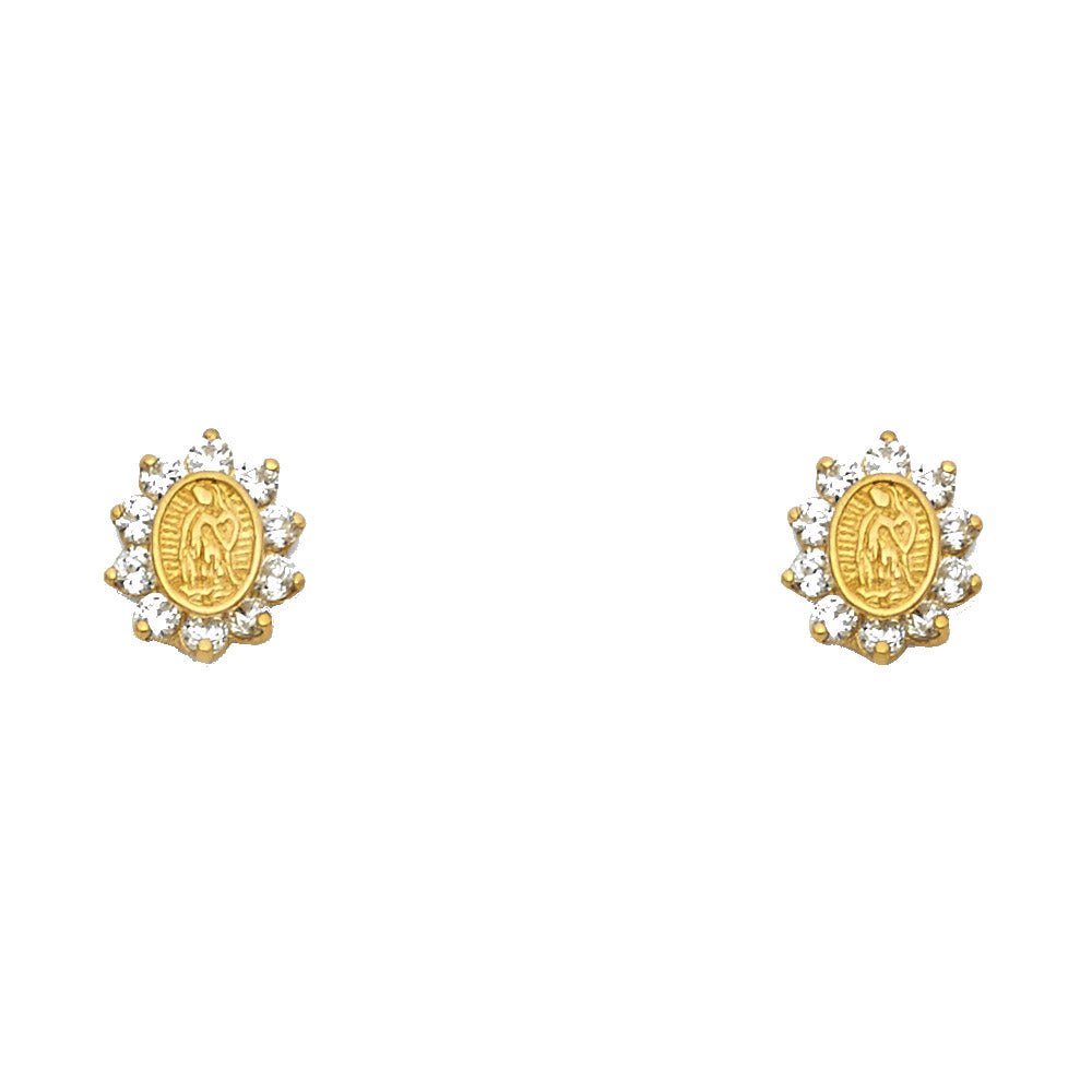 Lady's Yellow 14 Karat Virgen of Guadalupe CZ Stud Earrings