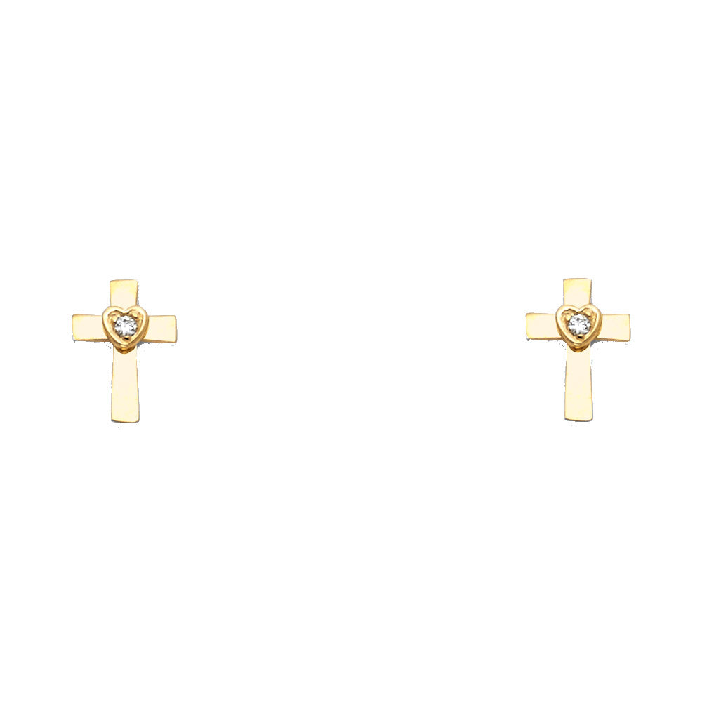 Lady's Yellow 14 Karat Cross cz Stud Earrings Length: 8.6