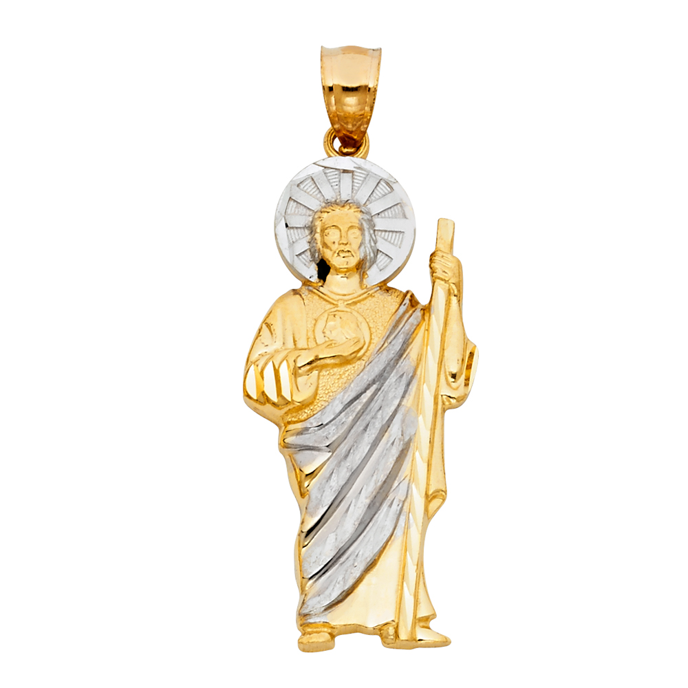 Two-Tone 14 Karat ST Jude Diamond Cut Charm Length: 49.6
Gender: Gent