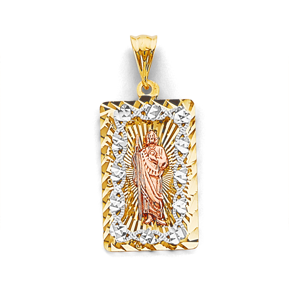 Three-Tone 14 Karat Diamond Cut Square St Jude Pendant 13x30