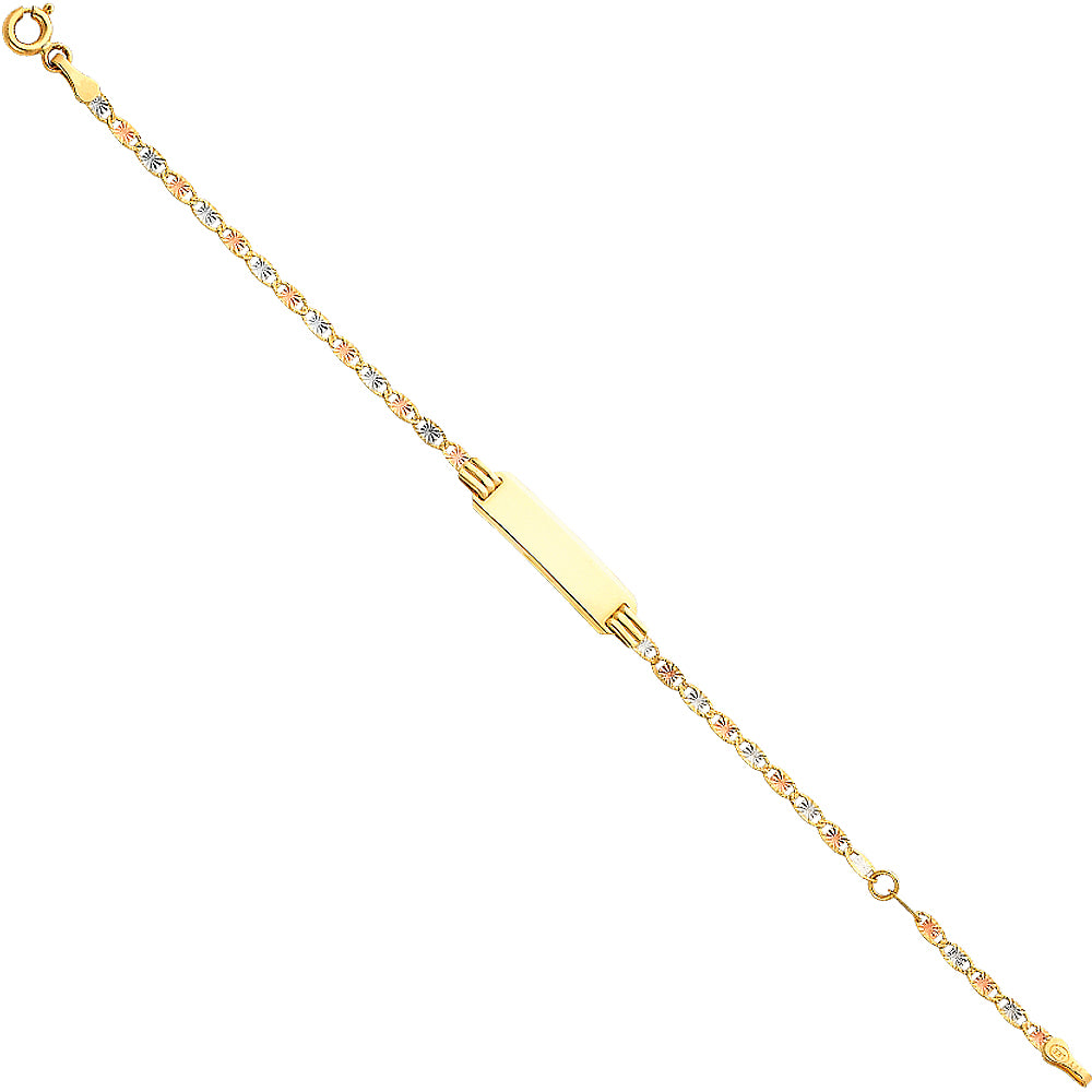 14 Karat Id Baby Bracelet Style: Valentino
Color: Three-tone
Length: 6
Gender: Baby