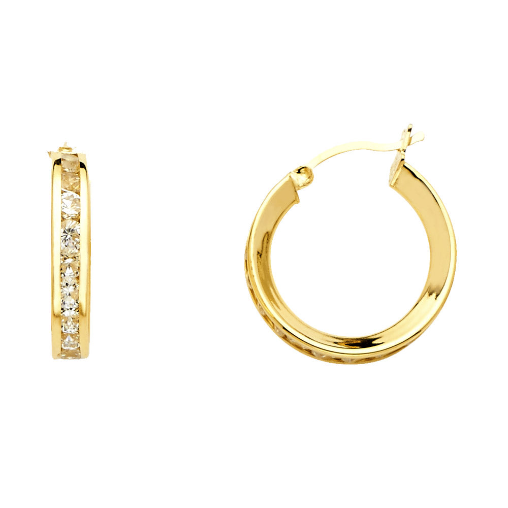Lady's Yellow 14 Karat Cz channel Small Hoop Earrings Length: 19.5