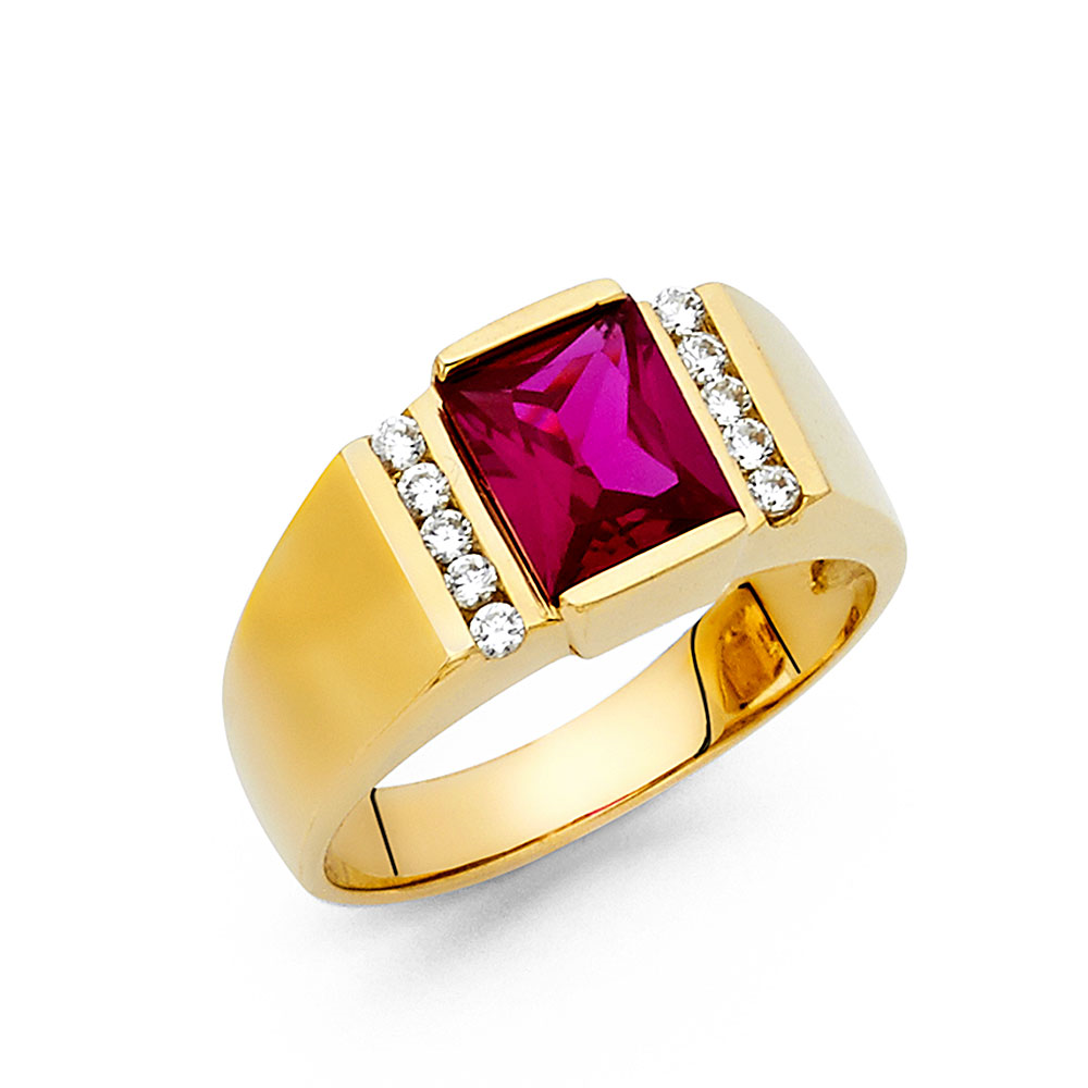 14k y/gd cz square red  mens ring