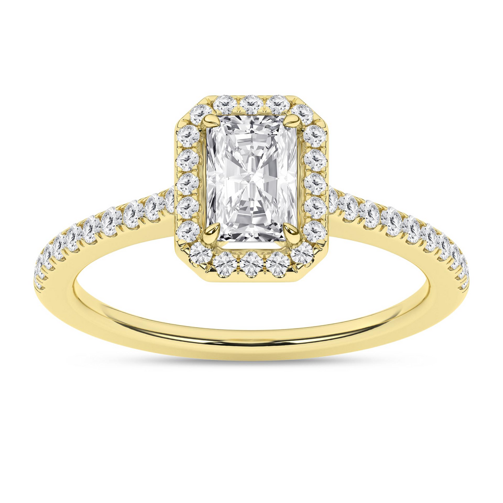 Lady's 14 Karat Engagement Ring Size 7 one 0.71ct Radiant G/H VS1 Lab Grown Diamond
40=0.25tw Round G/H VS1 Lab Grown Diamonds Style: Halo
Color: Yellow
Finish: Polished