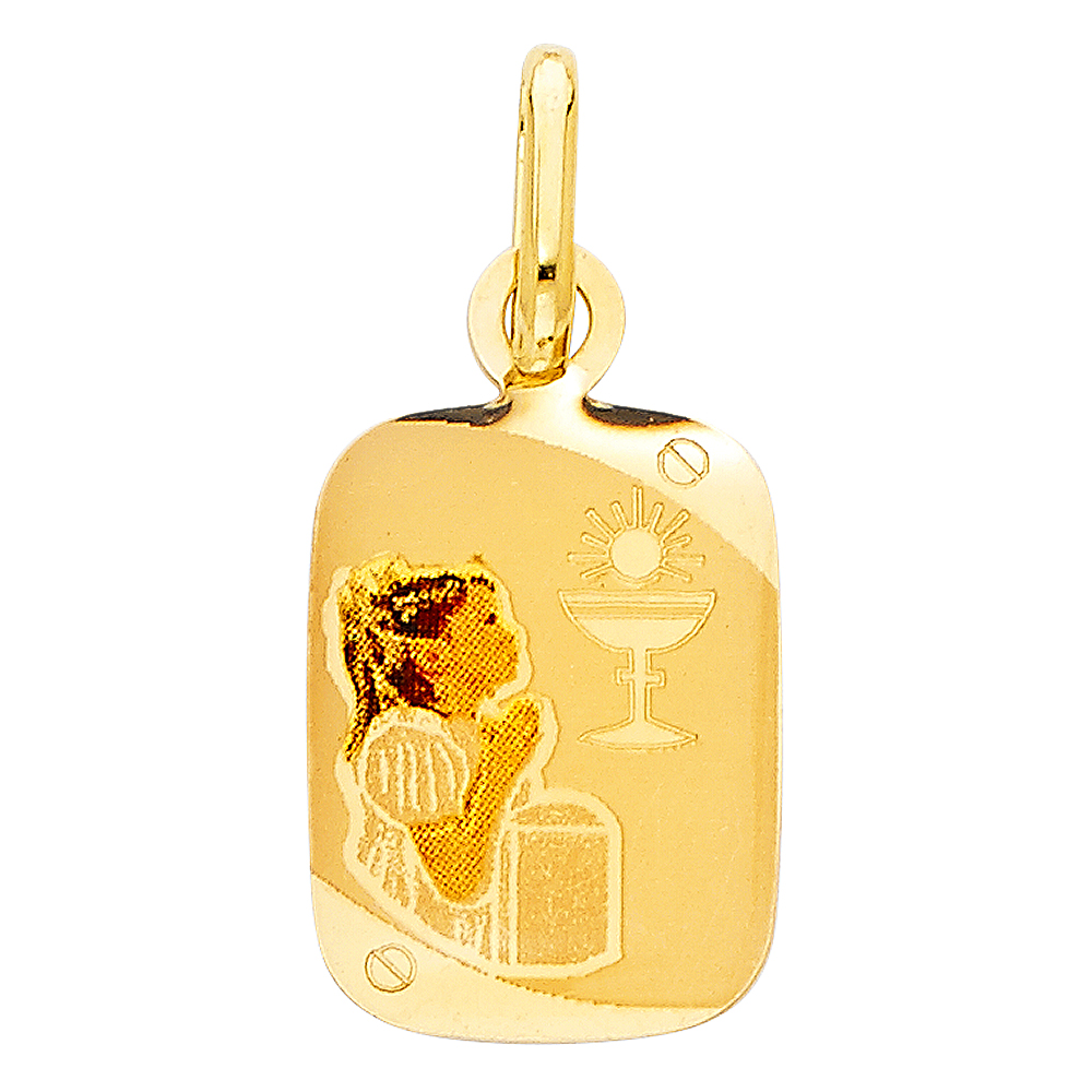14KY First Communion Picture Square Pendant Girl