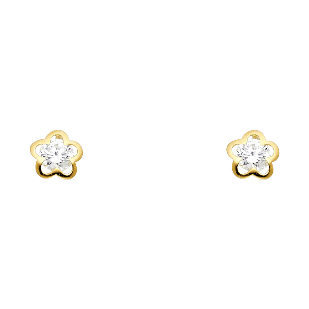 Lady's Yellow 14 Karat Stud Flower with round cz Earrings Length: 6.7