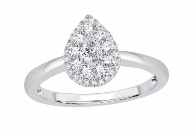 Lady's White 14 Karat Engagement Ring one = 0.17ct Pear Diamond
= 0.35tw Round Diamonds Style: Halo
Finish: polished