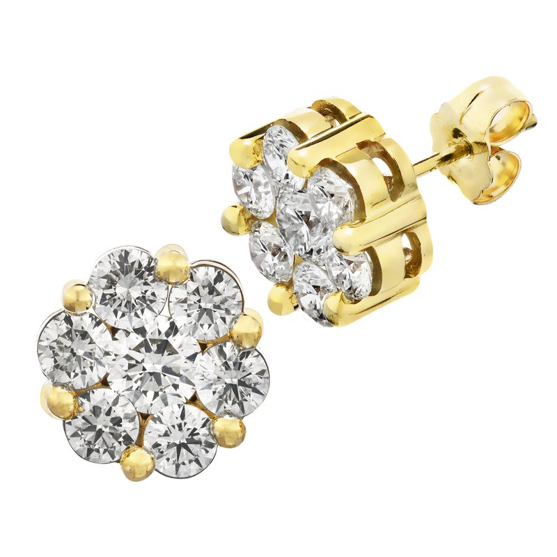 Lady's Yellow 10 Karat Flower Cluster Stud Earrings 14=0.33tw Round Diamonds 5.3mm