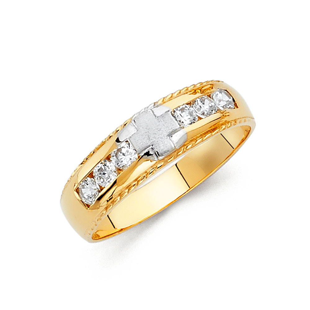 Gent's Two-Tone 14 Karat Cz  Wedding Band Cross