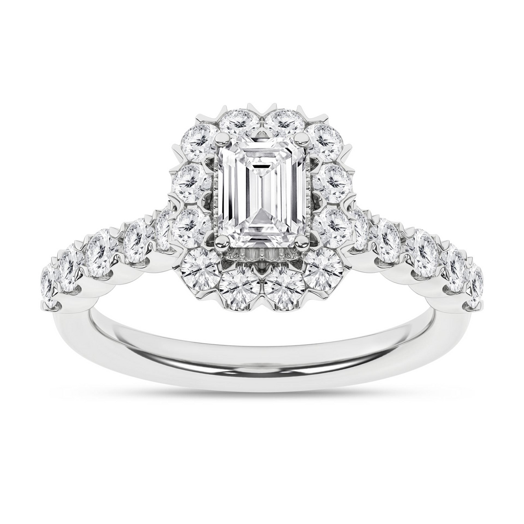 Lady's 14 Karat Engagement Ring one = 0.50ct Emerald E/F VS2 Lab Grown Diamond
30 = 0.889tw Round E/F VS2 Lab Grown Diamonds Style: Halo