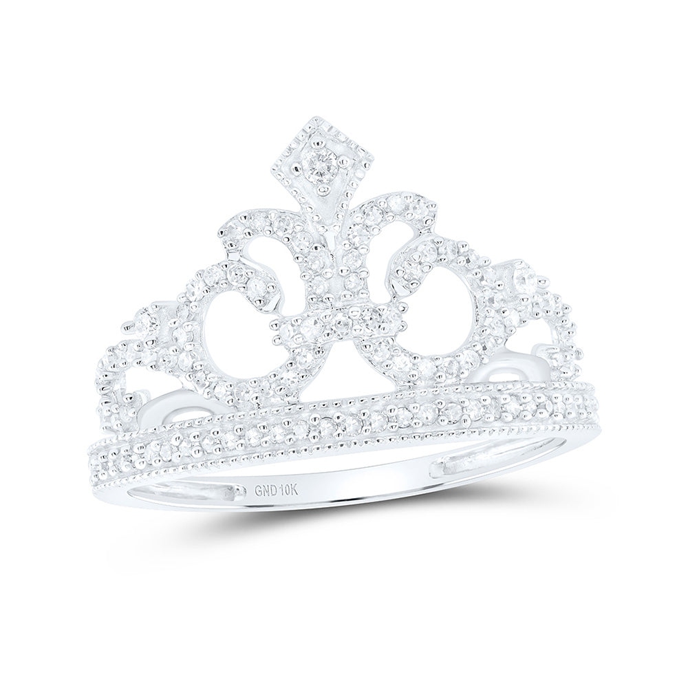 10kt White Gold Womens Round Diamond Fleur Crown Tiara Fashion Ring 1/5 Cttw