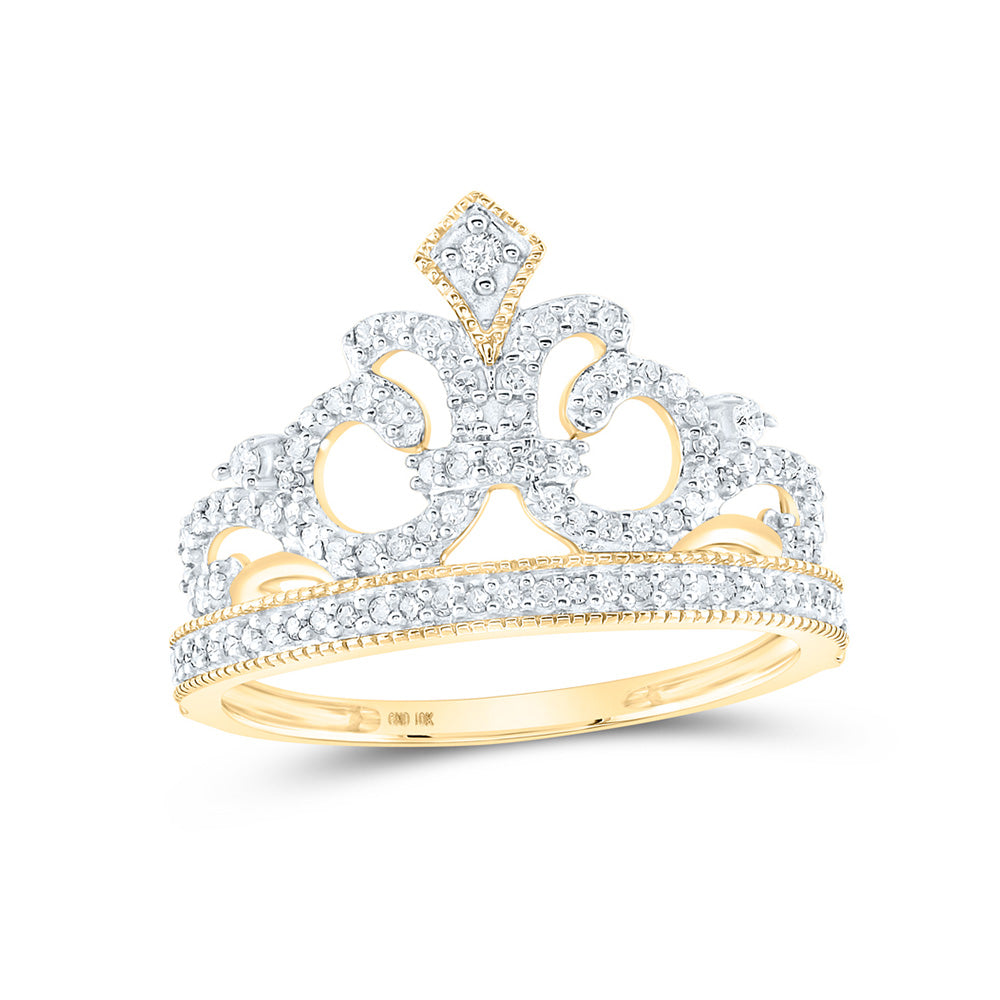 10kt Yellow Gold Womens Round Diamond Fleur Crown Tiara Fashion Ring 1/5 Cttw