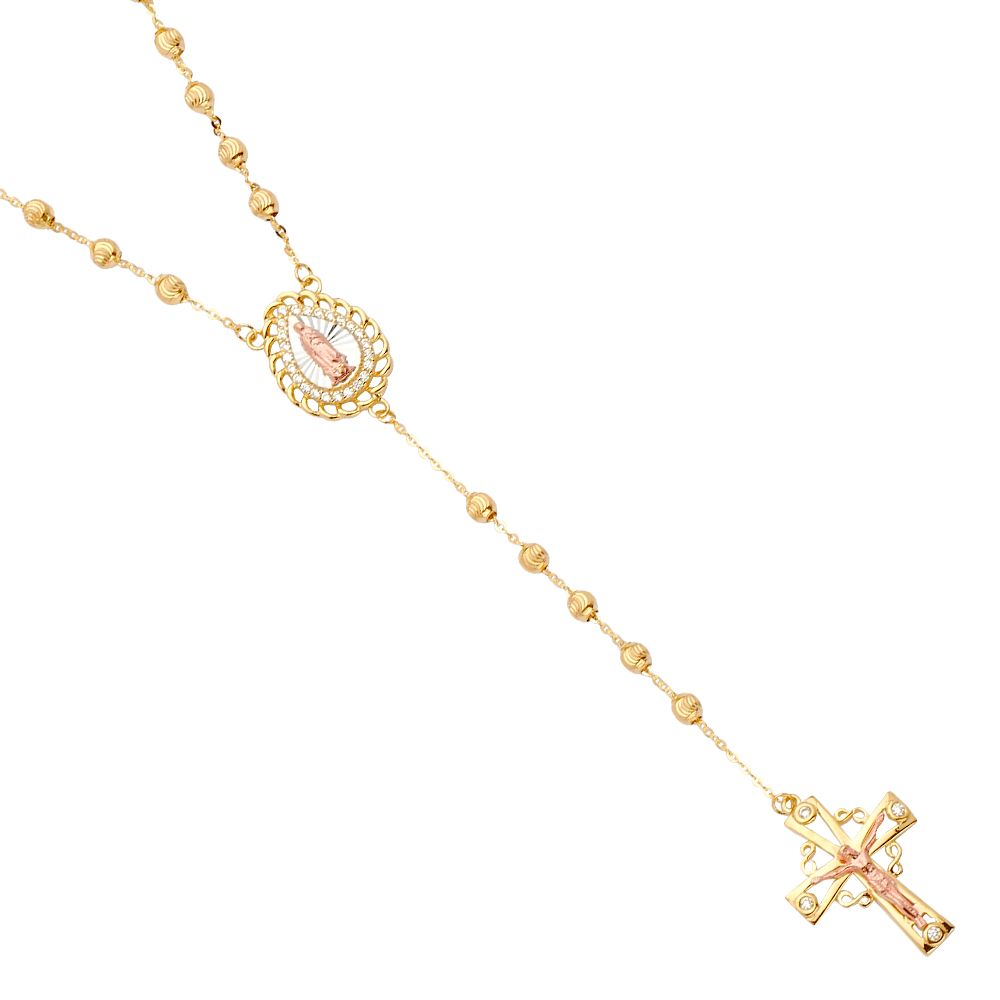 14K 2T 3mm Moon-Cut Ball CZ Rosary Necklace