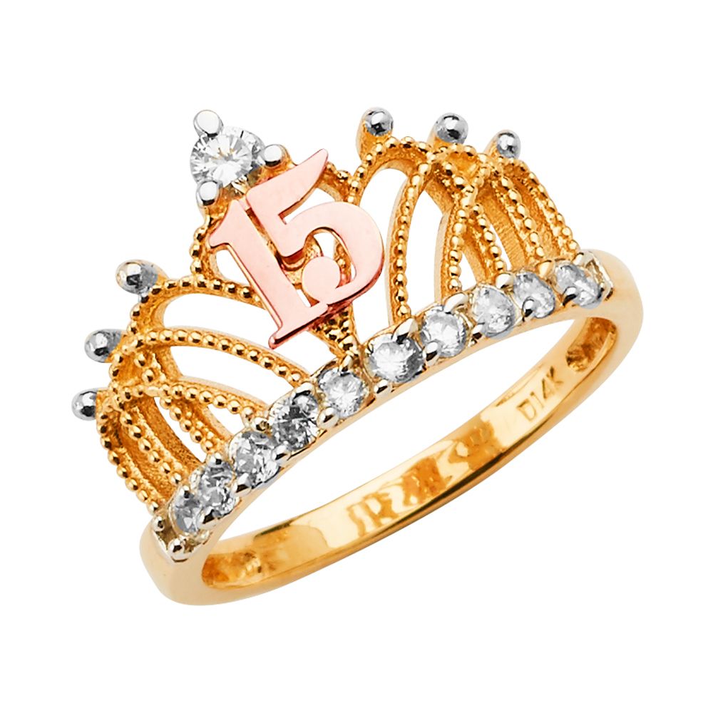 14K 3C 15 Years CZ Crown Ring